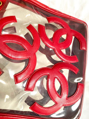 1990s Vintage CHANEL clear vinyl & red leather shoulder tote bag with CC appliqués, gold chain. 050919ac1