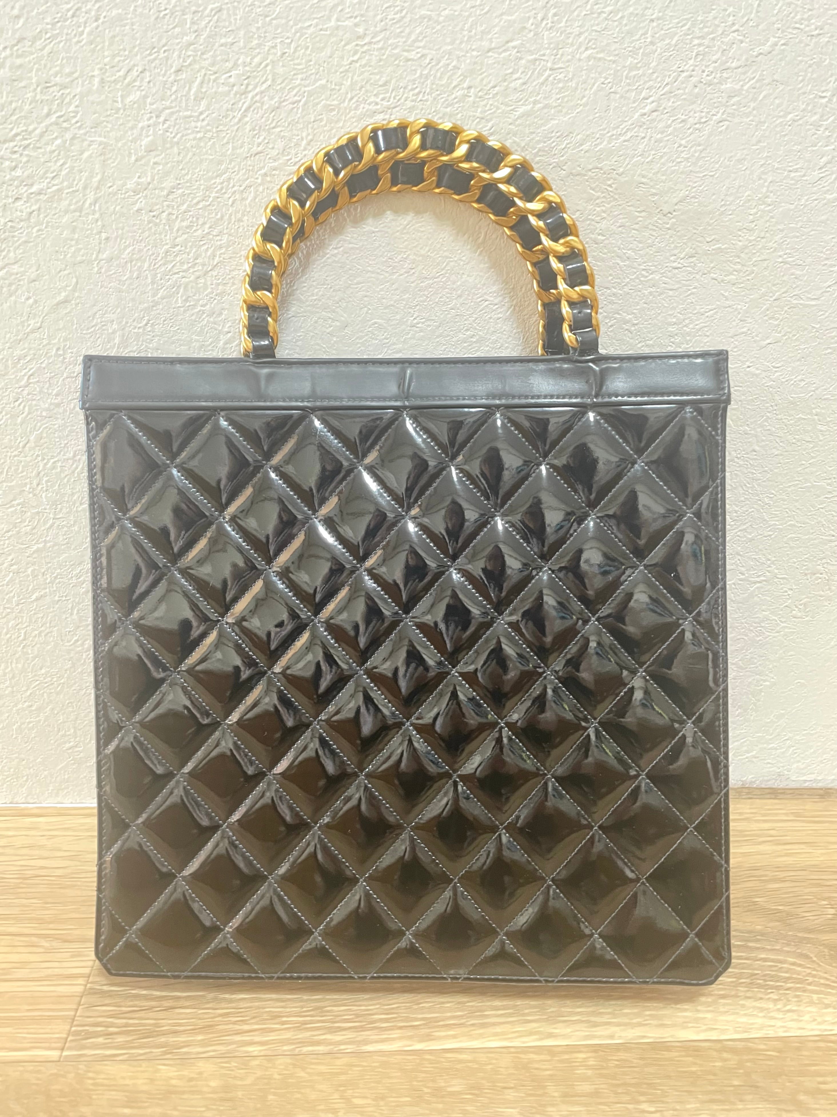 1990s Vintage CHANEL Black Matelassé Patent Enamel Shopper Bag with Gold Chain Handles | Quilted Classic Daily Bag | 050120an2re