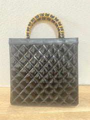 1990s Vintage CHANEL Black Matelassé Patent Enamel Shopper Bag with Gold Chain Handles | Quilted Classic Daily Bag | 050120an2re