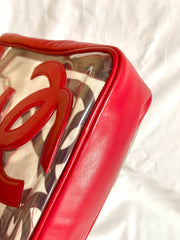 1990s Vintage CHANEL clear vinyl & red leather shoulder tote bag with CC appliqués, gold chain. 050919ac1