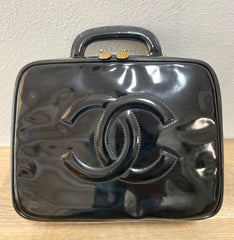 Vintage CHANEL Black Patent Enamel Vanity Bag — Lunchbox Shape Shoulder Bag with Large CC Stitch Motif — 080116re1
