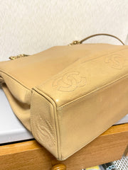 Vintage CHANEL brown beige caviar leather chain tote bag, shoulder purse with CC stitch marks. Classic and daily use bag. 070429re