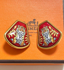 Vintage Hermes cloisonne golden earrings with tiger design in red. Fan shape. Classic jewelry. Great gift idea. 070428m1