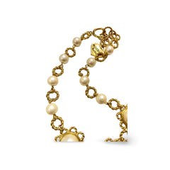 Vintage Moschino twisted chain and faux pearl flower motif statement necklace with heart charm. Moschino BIJOUX. 060208ya