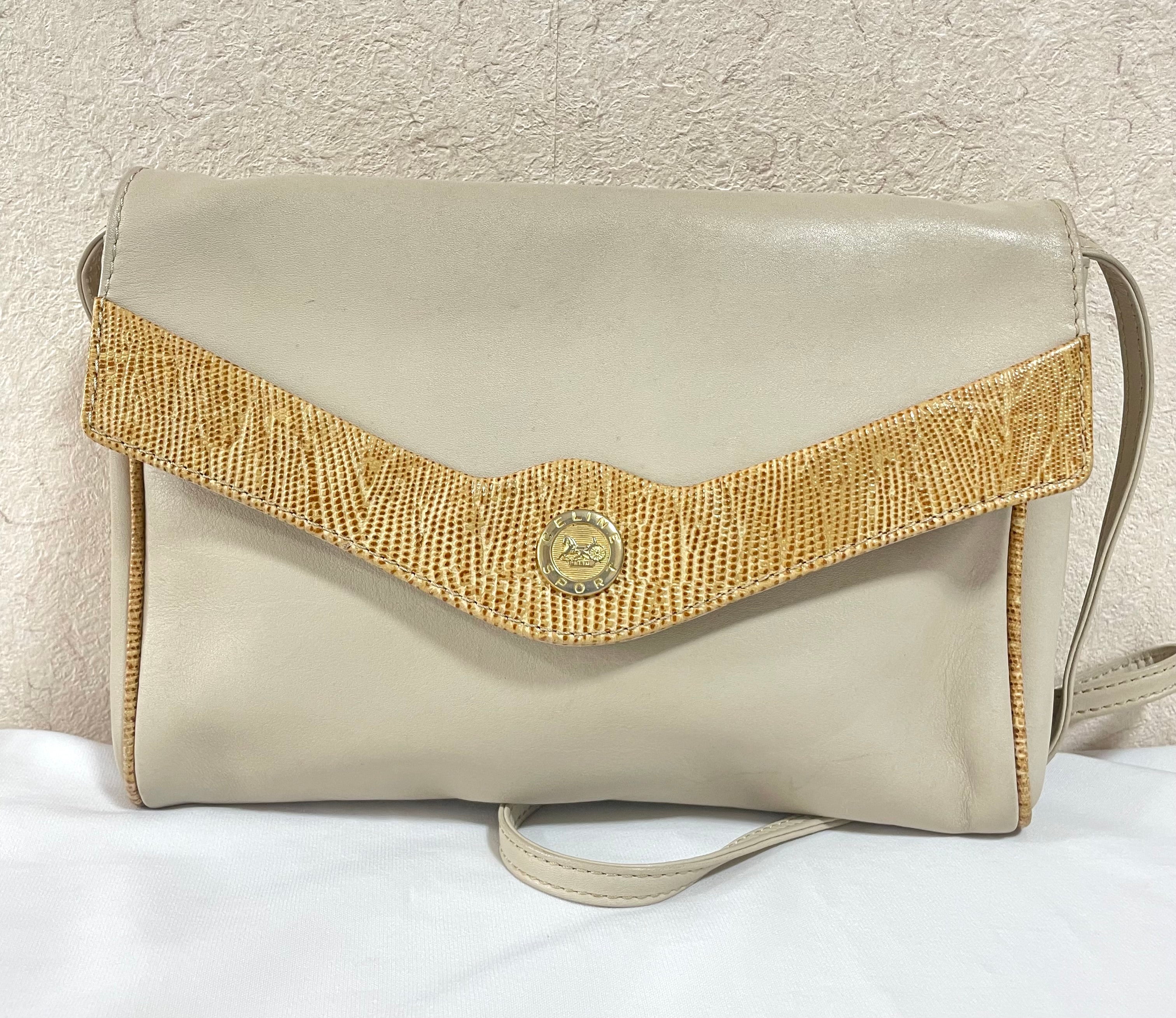 Vintage Celine ivory beige and brown lizard embossed leather combo shoulder bag, clutch purse with golden logo. Celine Sport. 041015