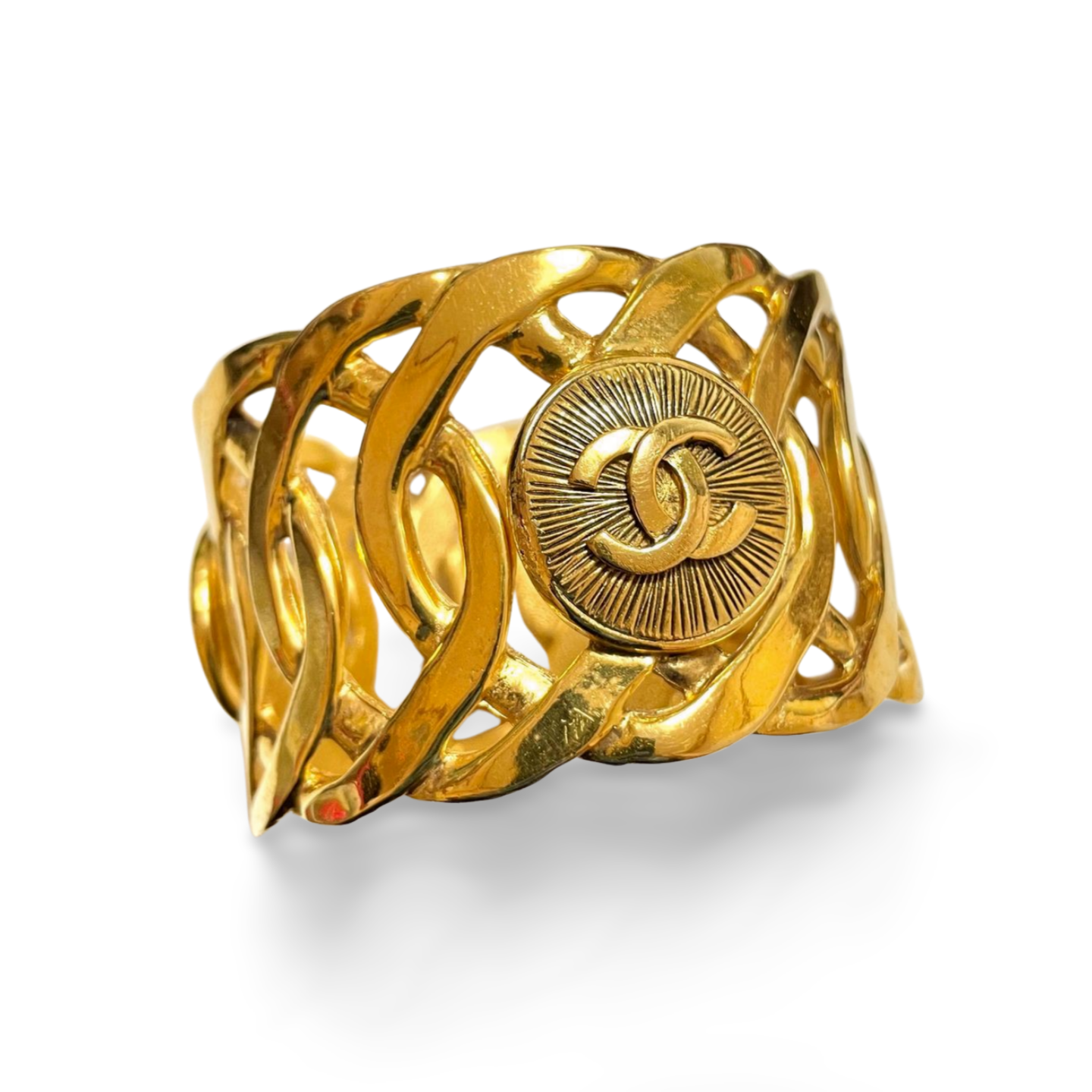 Vintage Chanel golden nice and heavy bangle with sunburst CC mark motif. Must have gorgeous jewelry. 051212ac1