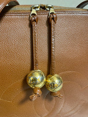 Vintage CHANEL caviar leather double zipper tote bag in brown with golden CC ball charms.  Daily use purse. 060728br1