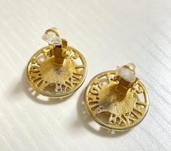 Vintage Sonia Rykiel round golden earrings with logo. Classic design jewelry piece. 0409203