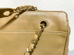 Vintage CHANEL brown beige caviar leather chain tote bag, shoulder purse with CC stitch marks. Classic and daily use bag. 070429re
