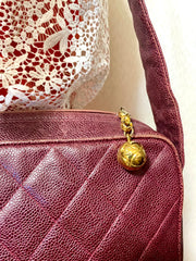 Vintage CHANEL wine caviar leather messenger large, jumbo shoulder bag with golden CC ball charm. Classic purse for daily use. 060922ys