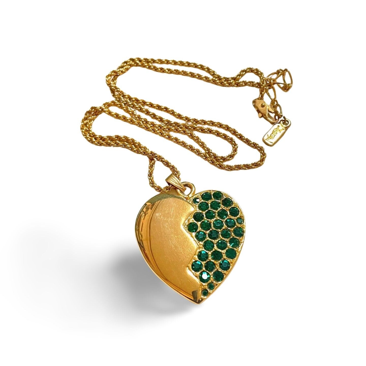 Vintage Yves Saint Laurent golden chain necklace with heart and green crystal pendant top. 060221ya