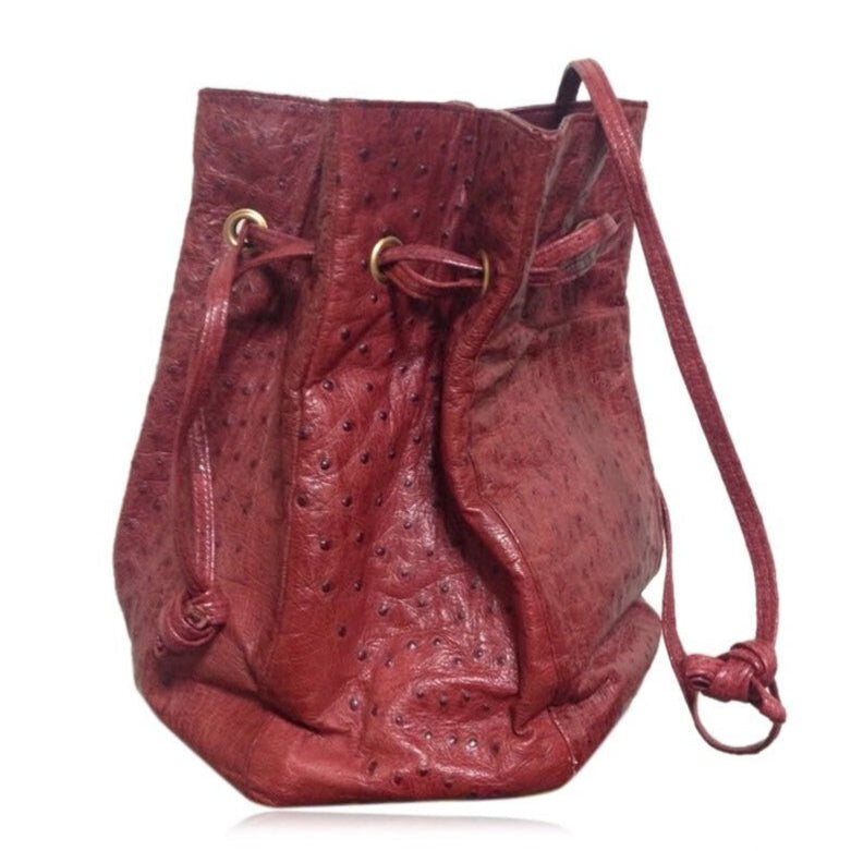 Vintage BALLY genuine ostrich wine red hexagonal pyramid patchwork hobo bucket shoulder bag. 150301