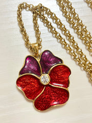 Vintage Yves Saint Laurent golden chain necklace with purple and red pansy flower top. 061001ac1