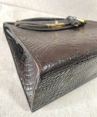 Vintage Mulberry darkbrown croc embossed leather Kelly bag with shoulder strap. Roger Saul era. Rare masterpiece. 070220yf