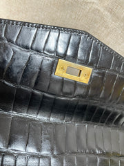 Vintage Gianni Versace black croc embossed leather handbag with Medallion Sunburst charms. Gorgeous masterpiece. 061104y1