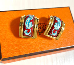 Vintage Hermes cloisonne enamel golden earrings with blue fox design. Classic Hermes jewelry. 060924ac1