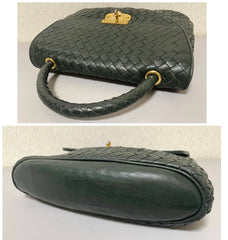 Vintage Bottega Veneta dark green intrecciato woven leather handbag. Rare masterpiece. 070324ac