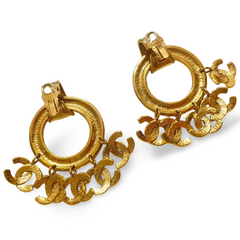 1990s. Vintage CHANEL Gold tone extra large hoop dangle earrings with dangling mini CC mark motifs. Must have gorgeous jewelry. 070617ac1