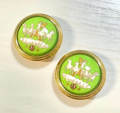 1990s Vintage HERMÈS Cloisonné Round Earrings | Lime Green Little Prince Motif | Prince, Carriage & Stars | Classic Enamel Jewelry. 071121y3