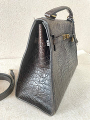 Vintage Mulberry darkbrown croc embossed leather Kelly bag with shoulder strap. Roger Saul era. Rare masterpiece. 070220yf