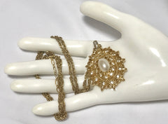 Vintage NINA RICCI statement necklace with oval shape pendant top with pearl and crystal stones. Rare and gorgeous gift. 0405165