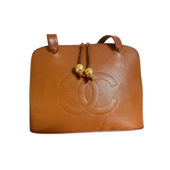 Vintage CHANEL caviar leather double zipper tote bag in brown with golden CC ball charms.  Daily use purse. 060728br1