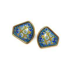Vintage Hermes cloisonne enamel golden earrings with star and flower design on blue. Fan shape. 06402ac2