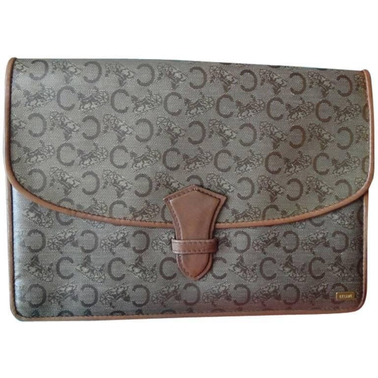Vintage CELINE brown beige classic C logo and carriage pattern clutch bag, mini document case  with leather trimmings. 050320r15