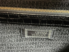 Vintage Gianni Versace black croc embossed leather handbag with Medallion Sunburst charms. Gorgeous masterpiece. 061104y1