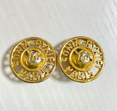 Vintage Sonia Rykiel round golden earrings with logo. Classic design jewelry piece. 0409203