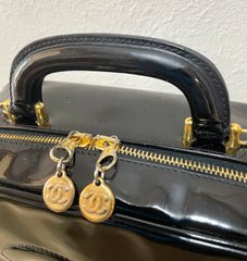 Vintage CHANEL Black Patent Enamel Vanity Bag — Lunchbox Shape Shoulder Bag with Large CC Stitch Motif — 080116re1