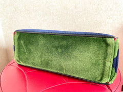 Vintage Roberta di Camerino navy, green, and red thunder chevron velvet weaving doctor bag with buckle strap leather handles. 0406221