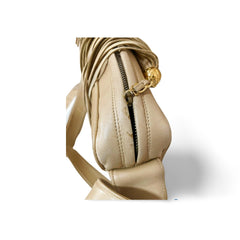 Vintage CHANEL beige lamb leather camera bag style chain shoulder purse with gold tone chain strap and fringe. CC stitch mark. 060123ac4