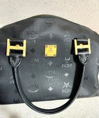 Vintage MCM black monogram speedy bag style handbag, mini duffle bag. Unisex and daily use purse. Classic style in originality. 061210re1