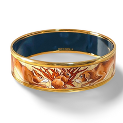 Vintage HERMES gold and brown tone and cloisonné/enamel bangle with rabbit, dog, and fox design. 070310ac2