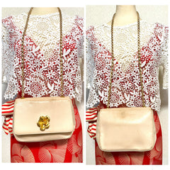 Vintage CHANEL pale pink beige lambskin chain shoulder bag with golden camellia flower motif on flap. Hard-to-find, Rare purse. 060903ac1