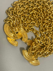 Vintage CHANEL gold chain belt with triple layer chains and two large matelasse CC mark charms. Gorgeous belt. 41.7"/106cm. 070527ac4