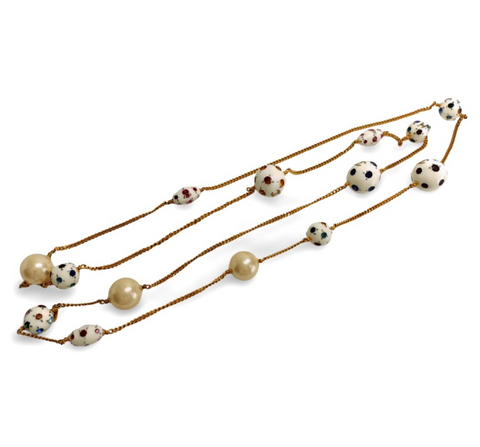 Vintage CHANEL extra long chain necklace with CC white glass ball and colorful stones and pearls. Blue, red, green, yellow, pink. 070204ac3