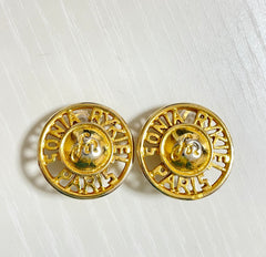 Vintage Sonia Rykiel round golden earrings with logo. Classic design jewelry piece. 0409203