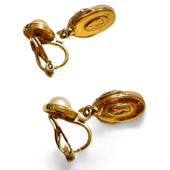 Vintage Yves Saint Laurent golden dangling earrings with crystals and teardrop white faux pearls.  Rare YSL jewelry. 060604ac1