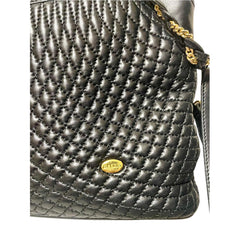 Vintage BALLY black quilted leather oval top shape shoulder bag with a fringe and golden B charm. Classic daily use design. 080819ys4