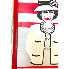 Vintage CHANEL patent illustration, Gabrielle portrait mademoiselle print enamel tote. Rare Chanel purse with Big Chanel smile. 060702re
