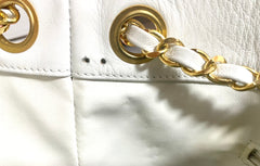 Vintage CHANEL red and white canvas large hobo shoulder bag with supermodel print and CC charm. Mademoiselle. 0407231