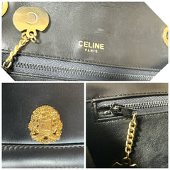 Vintage CELINE black leather shoulder bag with golden triomphe logo motif. Rare Celine purse. 060723ac4