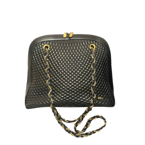 Vintage BALLY Black Quilted Lambskin Leather Shoulder Tote Bag Gold Logo Charms Chain Straps 080819ys3