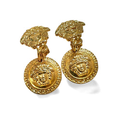 Vintage Gianni Versace gold tone medusa face motif dangle earrings. Must have Lady Gaga style jewelry piece. Great gift. 060715m1
