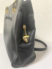 Vintage MOSCHINO black heart shape quilting lambskin tote bag with golden chains. Chic and functional purse. 070603ac1