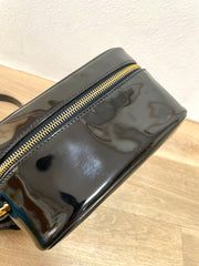 Vintage CHANEL Black Patent Enamel Vanity Bag — Lunchbox Shape Shoulder Bag with Large CC Stitch Motif — 080116re1