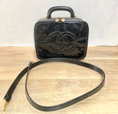 Vintage CHANEL Black Patent Enamel Vanity Bag — Lunchbox Shape Shoulder Bag with Large CC Stitch Motif — 080116re1