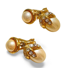 Vintage Yves Saint Laurent golden dangling earrings with crystals and teardrop white faux pearls.  Rare YSL jewelry. 060604ac1